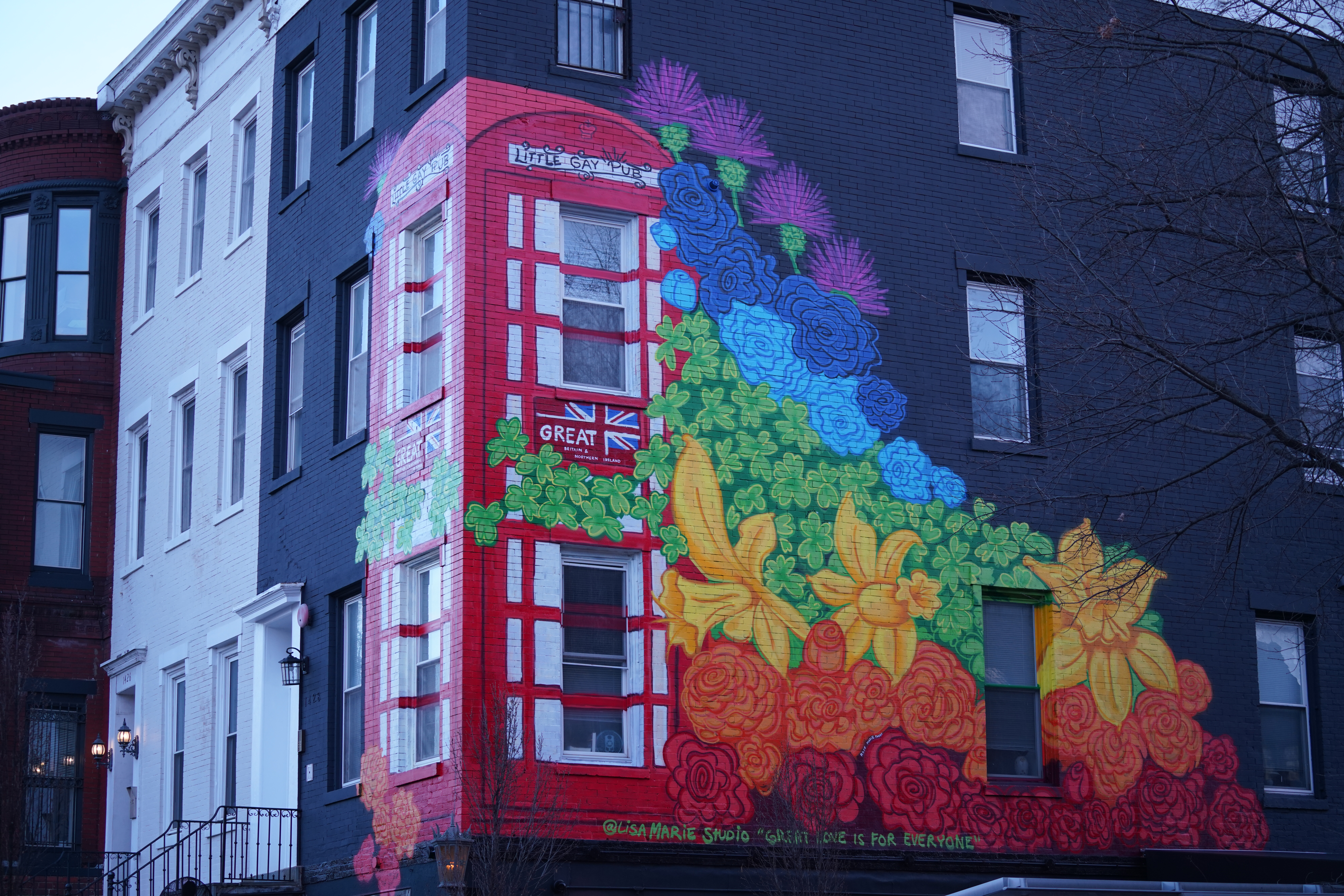 Great Love Mural painted by Lisa Marie Thalhammer on the outside walls of the Little Gay Pub in Washington DC.